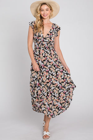Multi Floral Flutter Sleeve Maxi Dress- -Trendy Me Boutique, Granada Hills California