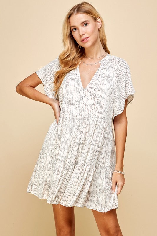 Taupe Rainy Printed Tiered Dress- -Trendy Me Boutique, Granada Hills California