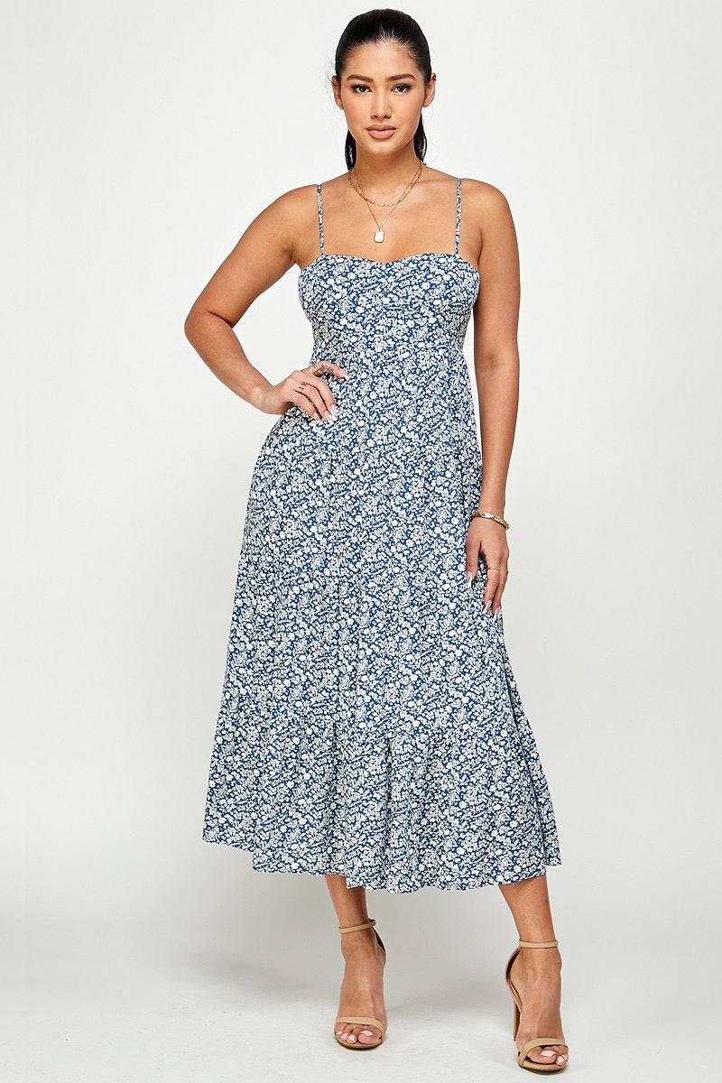 Blue Floral Tie Back Tiered Dress- -Trendy Me Boutique, Granada Hills California