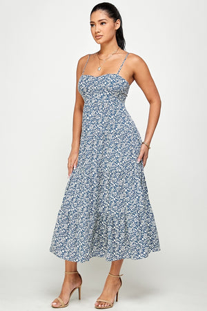 Blue Floral Tie Back Tiered Dress- -Trendy Me Boutique, Granada Hills California