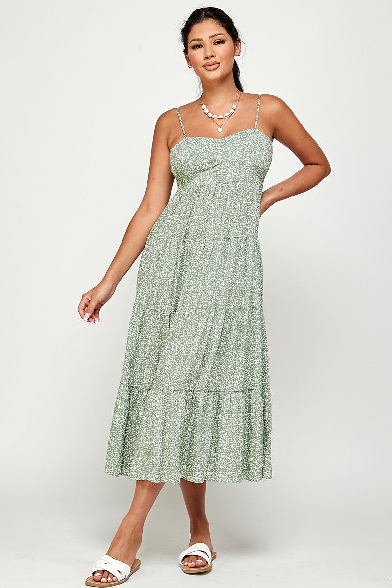 Sage Floral Open Back Tiered Dress- -Trendy Me Boutique, Granada Hills California