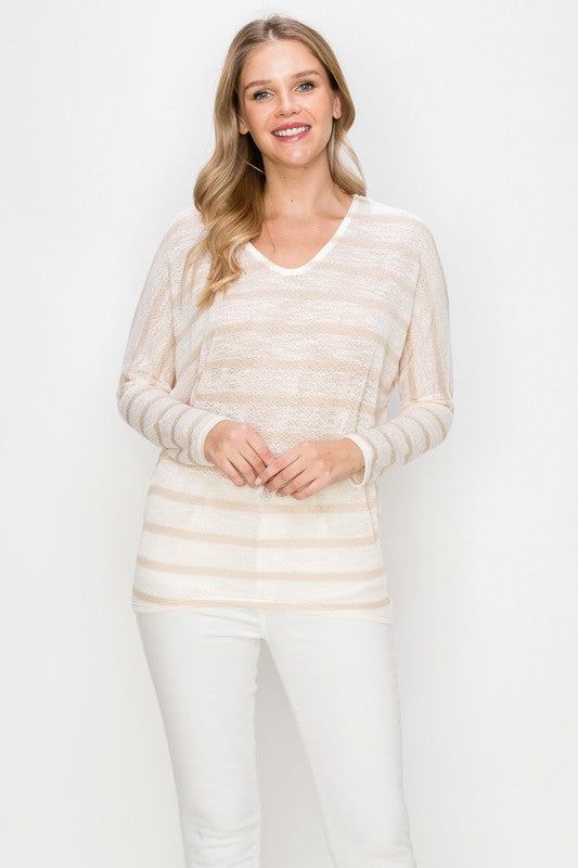 Ivory Taupe Stripe Knit Top- -Trendy Me Boutique, Granada Hills California