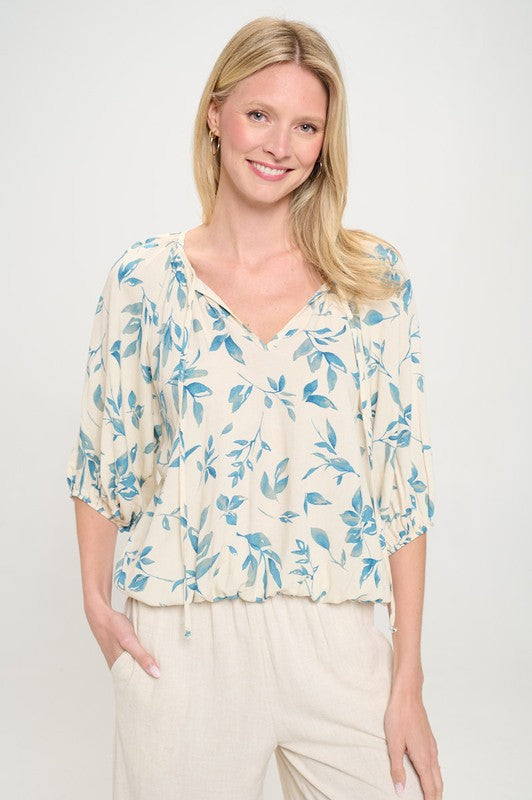 Ivory Teal Leaf Printed Blouse- -Trendy Me Boutique, Granada Hills California