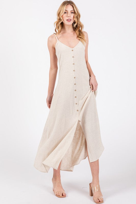 Natural Linen Button Down Maxi Dress- -Trendy Me Boutique, Granada Hills California