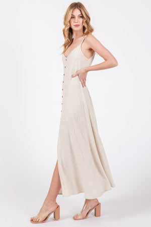 Natural Linen Button Down Maxi Dress- -Trendy Me Boutique, Granada Hills California