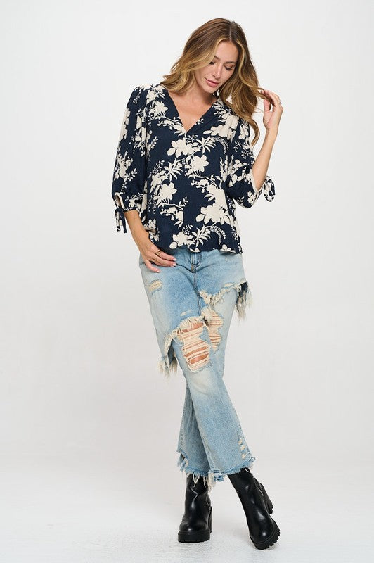 Navy Ivory Floral Blouse- -Trendy Me Boutique, Granada Hills California