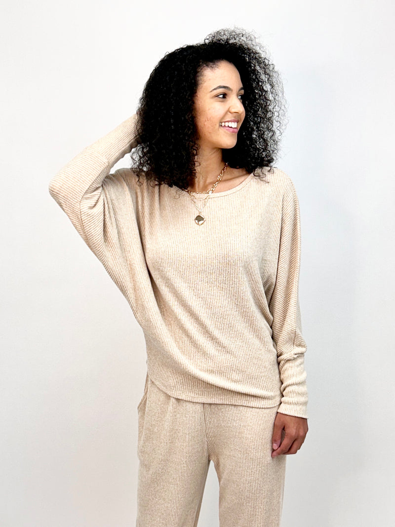 Oatmeal Cashmere Rib Dolman Sleeve Top- -Trendy Me Boutique, Granada Hills California