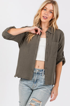 Olive Crinkle Cotton Blouse- -Trendy Me Boutique, Granada Hills California