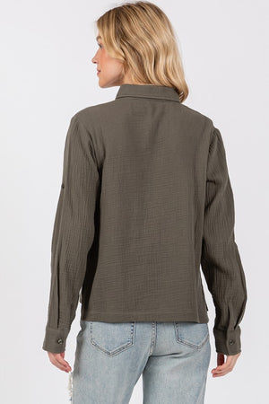 Olive Crinkle Cotton Blouse- -Trendy Me Boutique, Granada Hills California