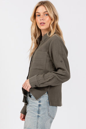 Olive Crinkle Cotton Blouse- -Trendy Me Boutique, Granada Hills California