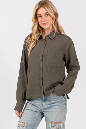 Olive Crinkle Cotton Blouse- -Trendy Me Boutique, Granada Hills California