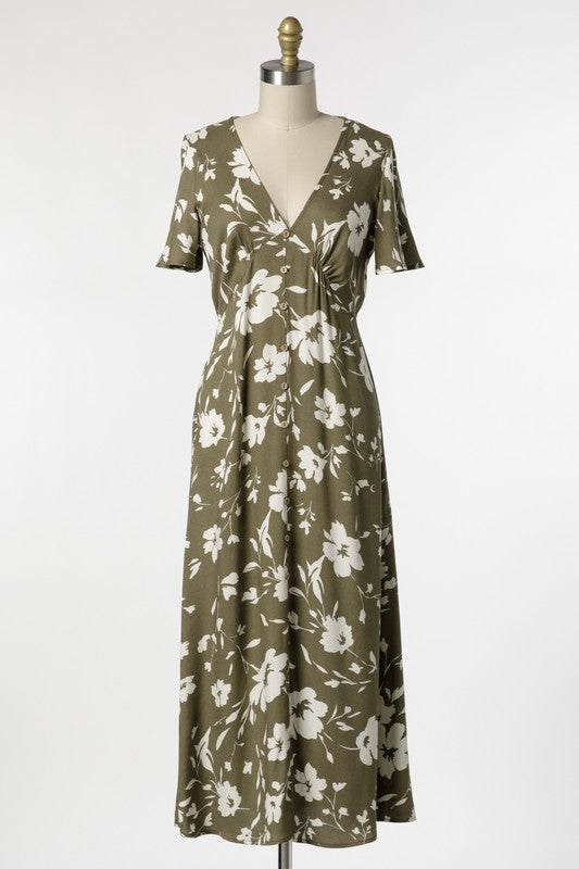 Olive Floral A-Line Dress- -Trendy Me Boutique, Granada Hills California