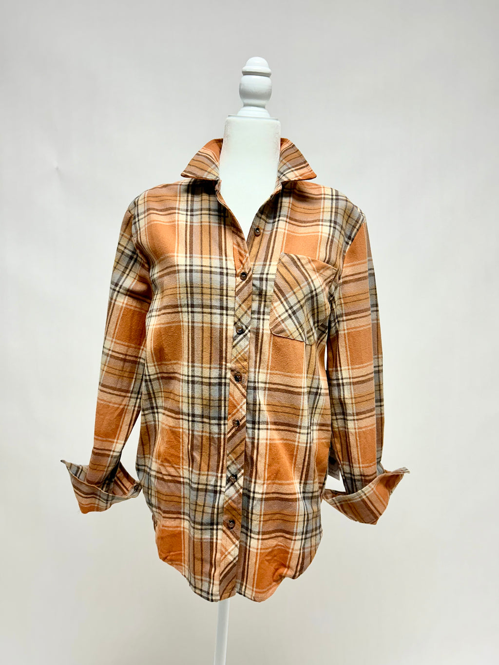 Pumpkin Taupe Plaid Shirt- -Trendy Me Boutique, Granada Hills California