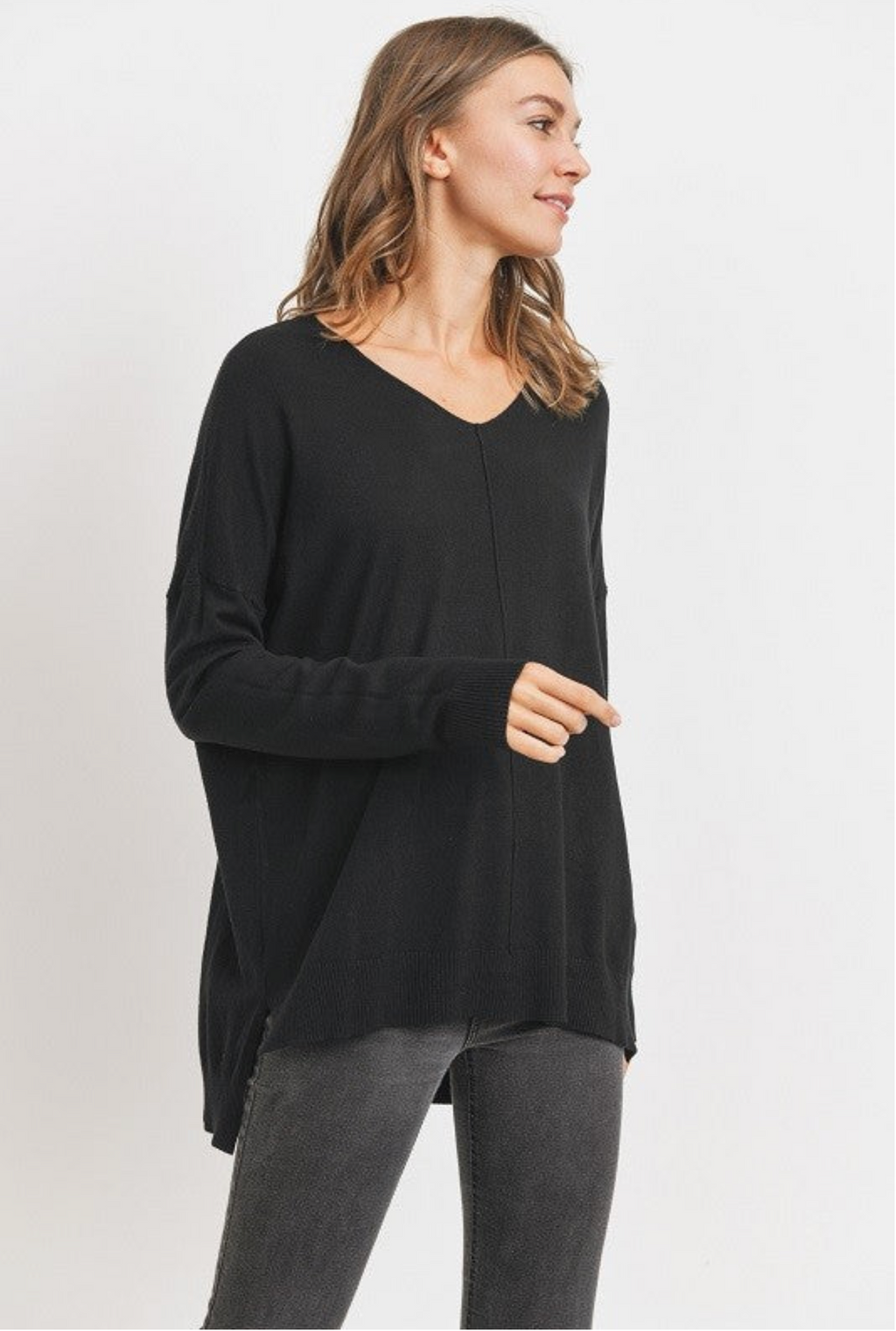 Black V Neck Tunic Sweater- -Trendy Me Boutique, Granada Hills California