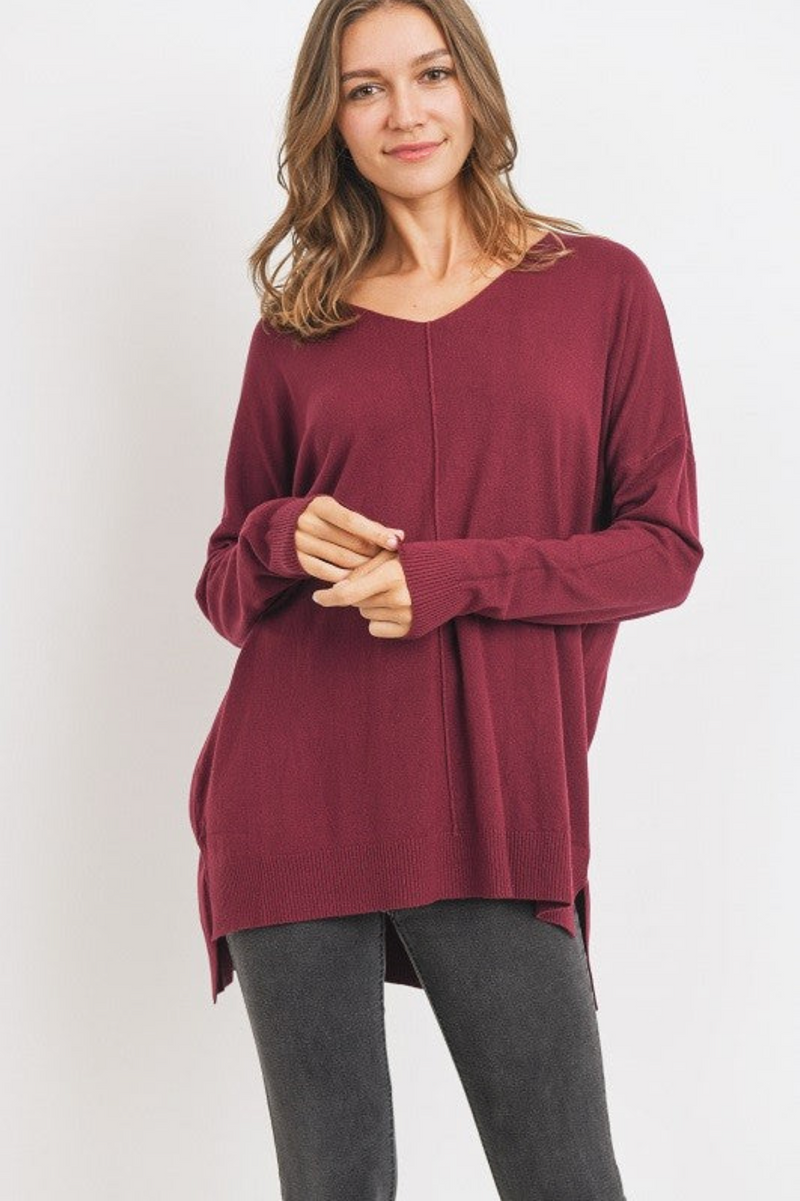 Burgundy V Neck Tunic Sweater- -Trendy Me Boutique, Granada Hills California