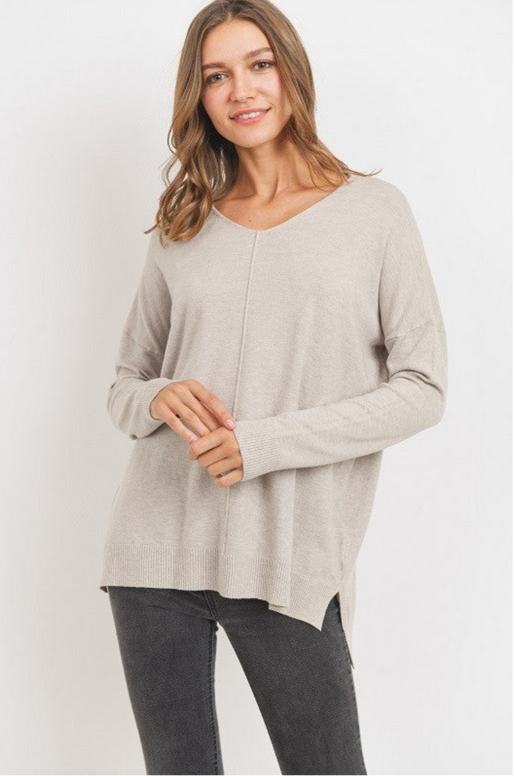 Oatmeal V Neck Tunic Sweater- -Trendy Me Boutique, Granada Hills California