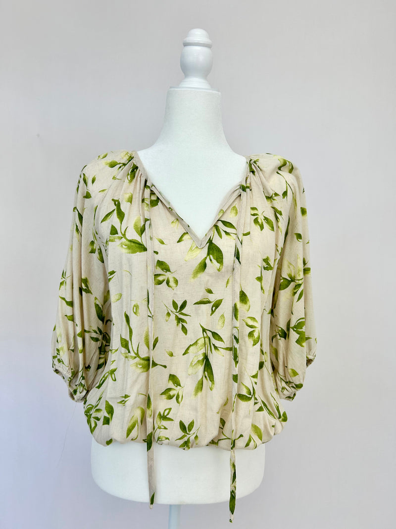 Taupe Green Floral Tie Front Blouse- -Trendy Me Boutique, Granada Hills California