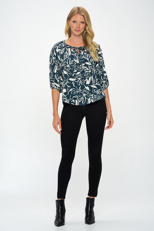 Teal Ivory Floral Print Blouse- -Trendy Me Boutique, Granada Hills California