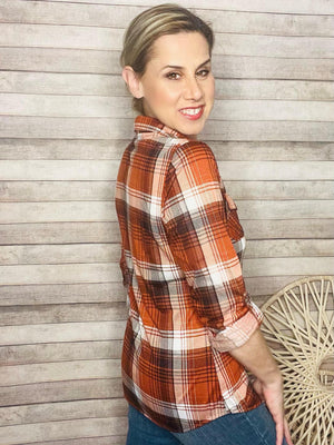 Rust Brown Fitted Plaid Shirt- -Trendy Me Boutique, Granada Hills California