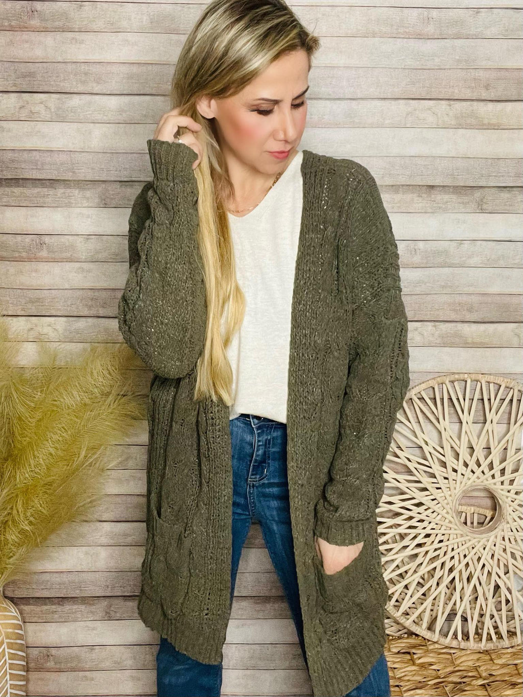 Olive Cable Knit Cardigan- -Trendy Me Boutique, Granada Hills California