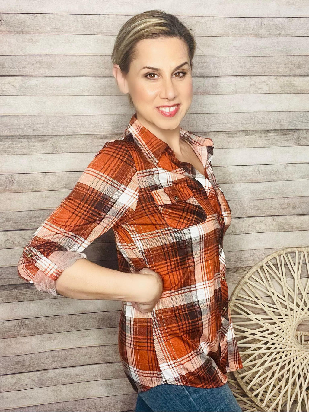 Rust Brown Fitted Plaid Shirt- -Trendy Me Boutique, Granada Hills California