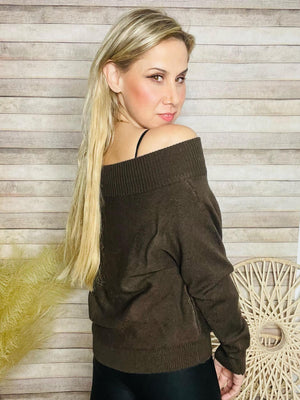Brown Off Shoulder Sweater- -Trendy Me Boutique, Granada Hills California