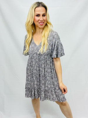 Grey Floral Flutter Sleeve Dress- -Trendy Me Boutique, Granada Hills California