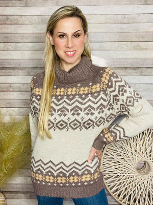 Brown Printed Turtle Neck Sweater- -Trendy Me Boutique, Granada Hills California