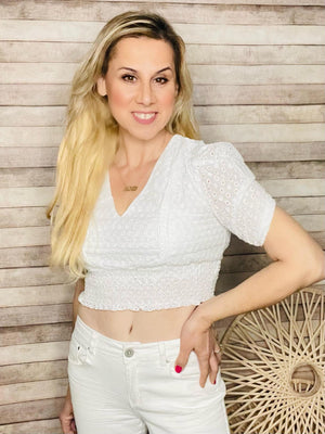 White Cotton Eyelet Puff Sleeve Top- -Trendy Me Boutique, Granada Hills California