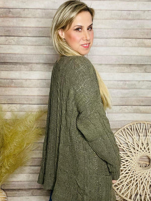 Olive Cable Knit Cardigan- -Trendy Me Boutique, Granada Hills California