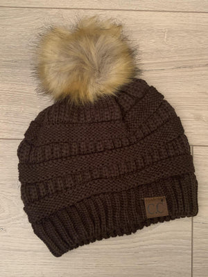 CC Brown Pom Pom Beanie- -Trendy Me Boutique, Granada Hills California