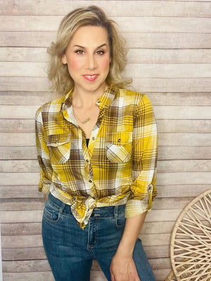 Mustard Brown Fitted Plaid Shirt- -Trendy Me Boutique, Granada Hills California