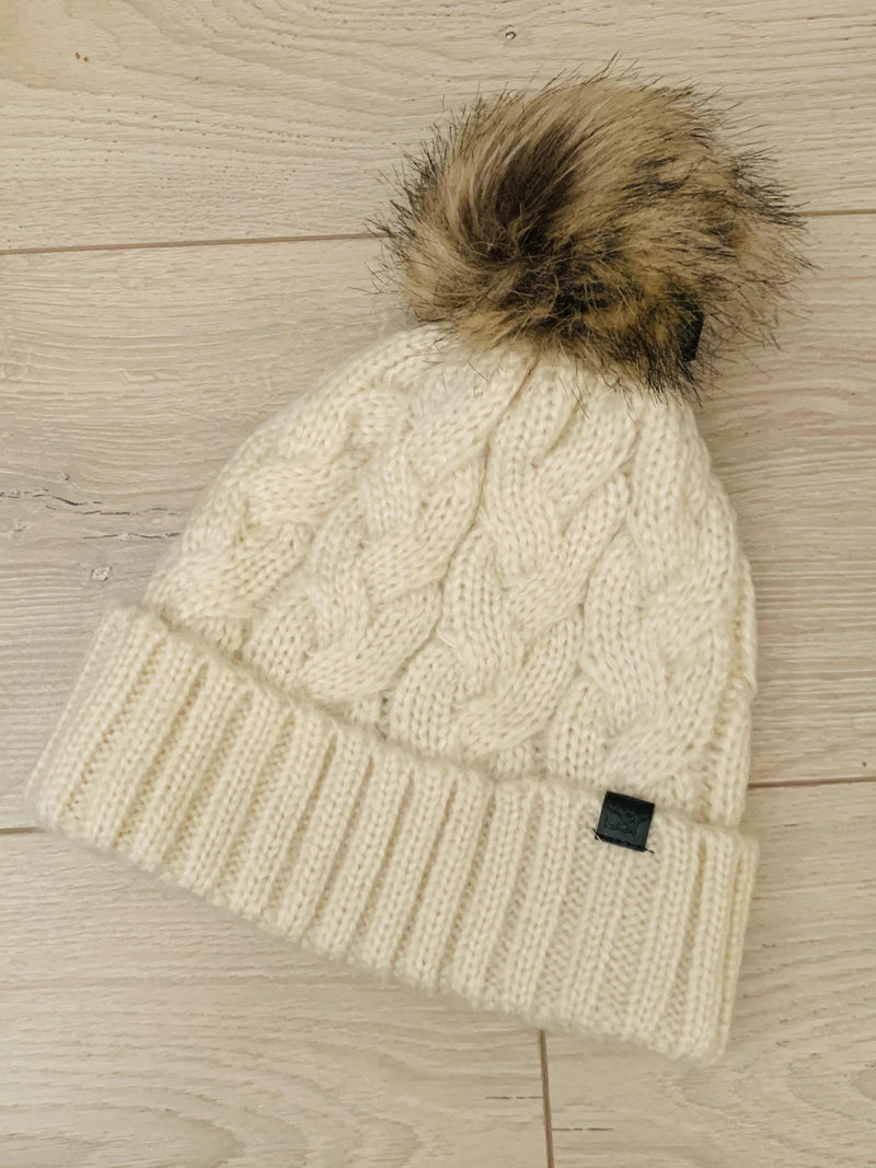 Ivory Pom Pom Knit Beanie- -Trendy Me Boutique, Granada Hills California