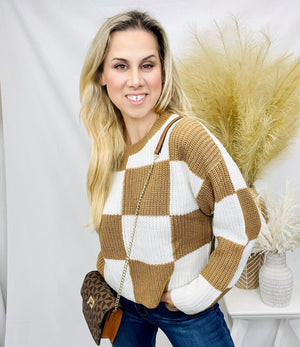 Ivory Camel Checkered Sweater- -Trendy Me Boutique, Granada Hills California