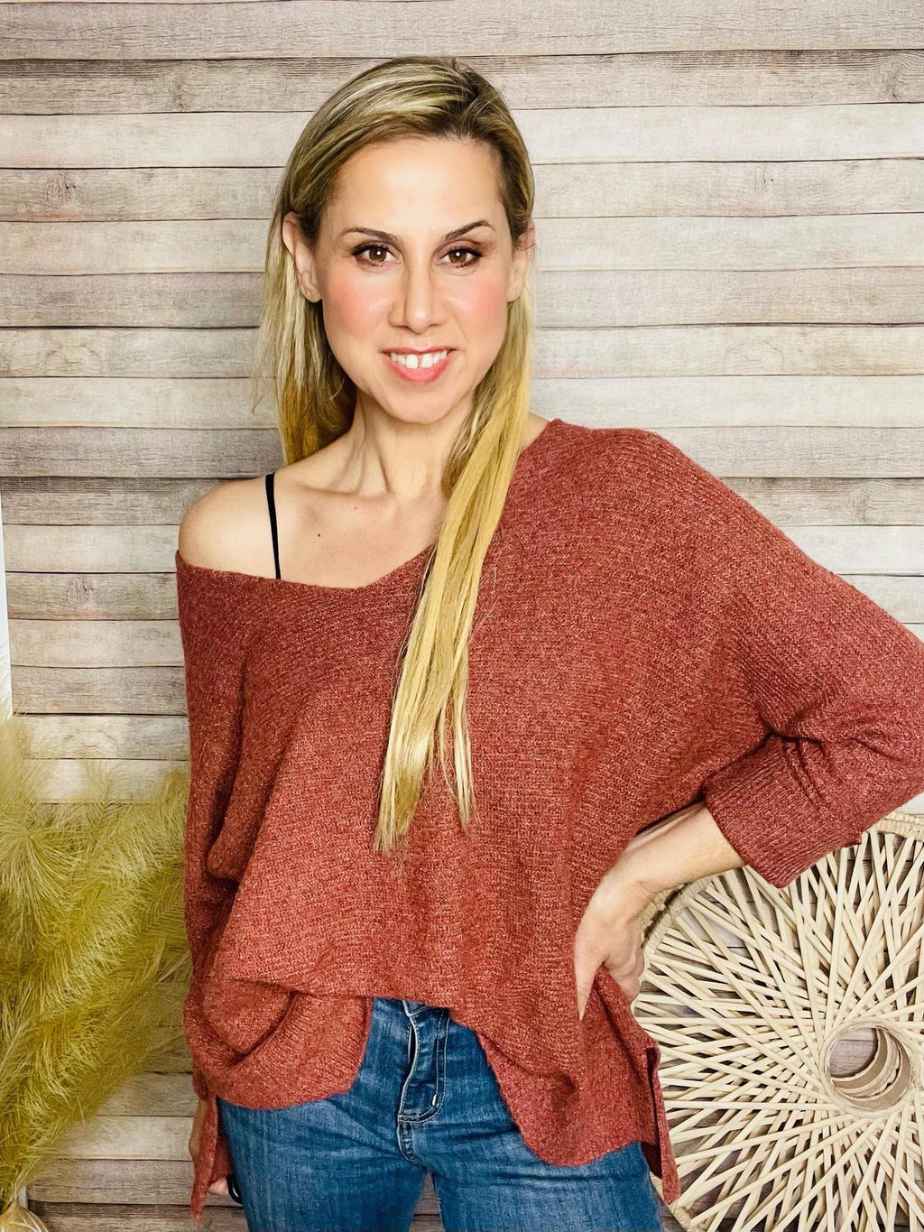 Berry Ribbed V Neck Sweater- -Trendy Me Boutique, Granada Hills California