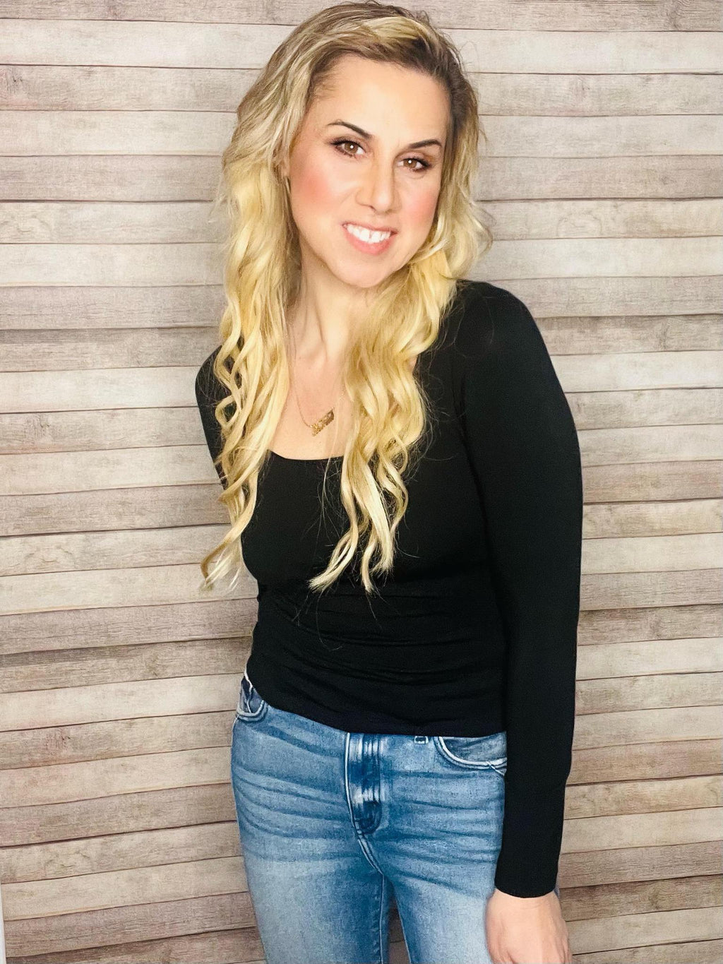 Black Knit Square Neck Top- -Trendy Me Boutique, Granada Hills California
