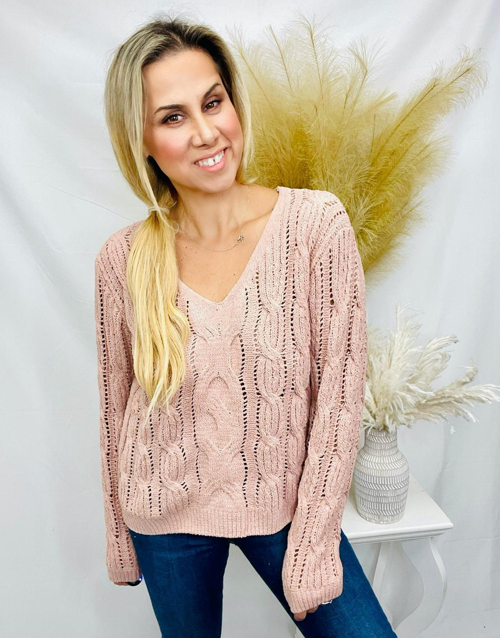 Pink V Neck Detail Sweater- -Trendy Me Boutique, Granada Hills California