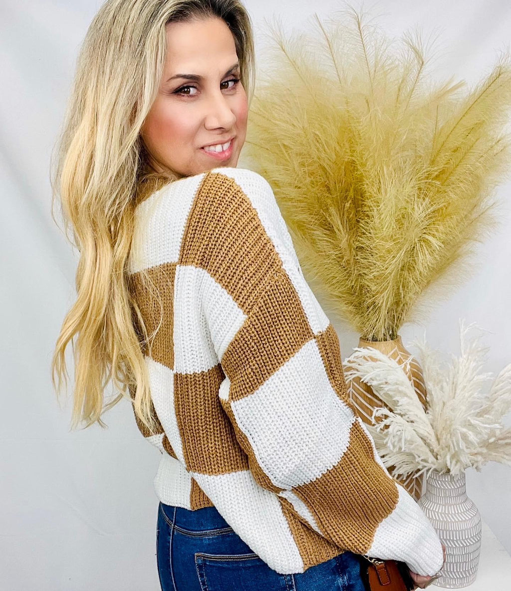 Ivory Camel Checkered Sweater- -Trendy Me Boutique, Granada Hills California