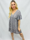 Grey Floral Flutter Sleeve Dress- -Trendy Me Boutique, Granada Hills California