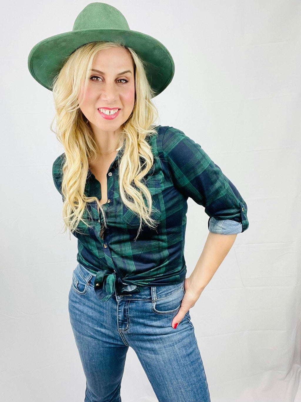 Green Blue Plaid Brushed Loose Fit Shirt- -Trendy Me Boutique, Granada Hills California