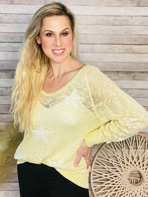Star Knit Yellow White Sweater- -Trendy Me Boutique, Granada Hills California