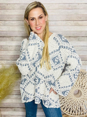 V Neck Cream Blue Knit Sweater- -Trendy Me Boutique, Granada Hills California