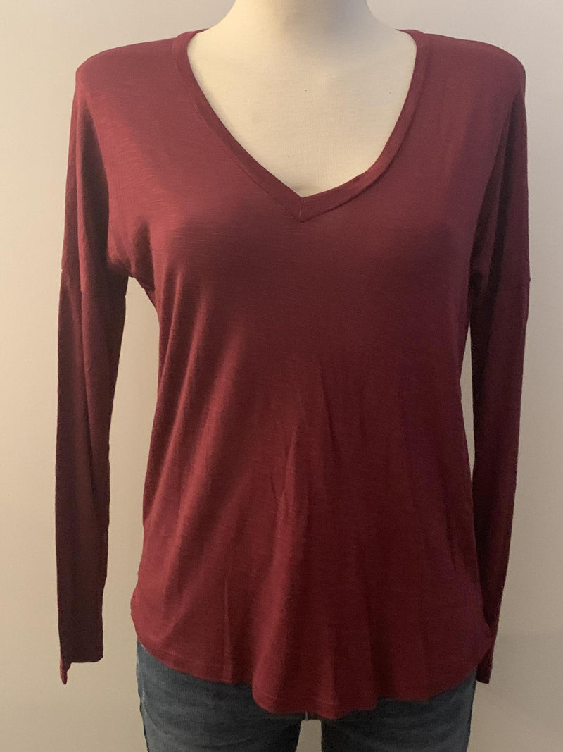 Wine V Neck Slub Top- -Trendy Me Boutique, Granada Hills California