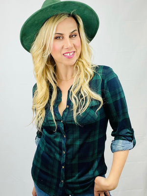 Green Blue Plaid Brushed Knit Shirt- -Trendy Me Boutique, Granada Hills California