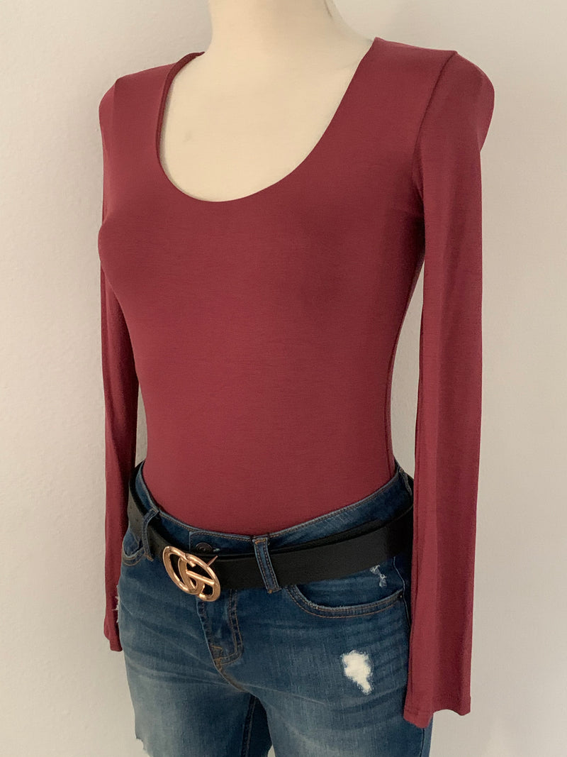 Mahogany Long Sleeve Scoop Top- -Trendy Me Boutique, Granada Hills California