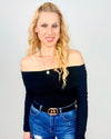 Black Ribbed Off Shoulder Bodysuit- -Trendy Me Boutique, Granada Hills California