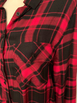 Red Black Plaid Button Shirt- -Trendy Me Boutique, Granada Hills California
