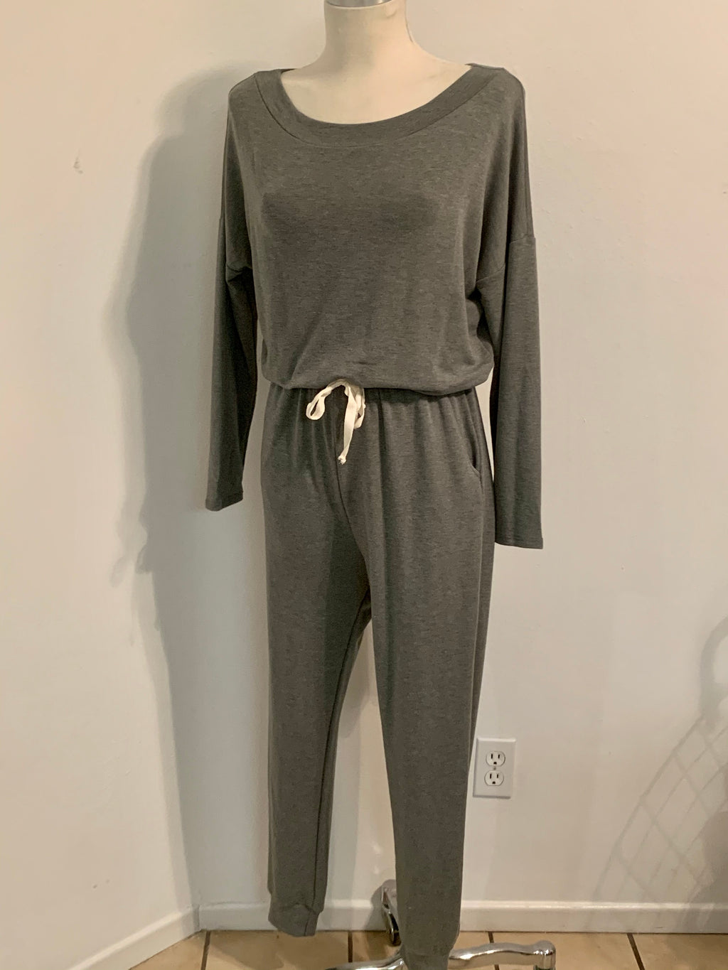 Olive Long Sleeve Boatneck Jumpsuit- -Trendy Me Boutique, Granada Hills California