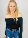 Black Ribbed Off Shoulder Bodysuit- -Trendy Me Boutique, Granada Hills California