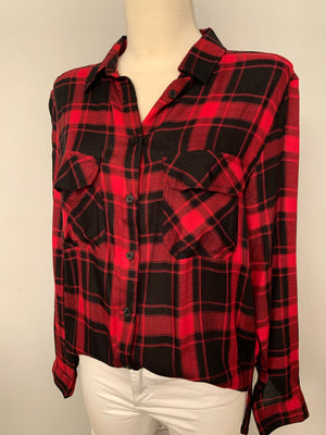 Red Black Plaid Button Shirt- -Trendy Me Boutique, Granada Hills California